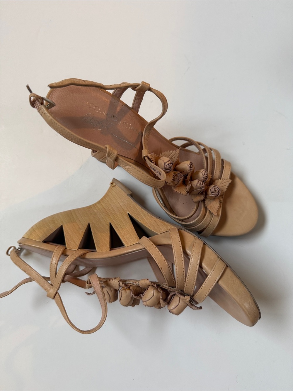 Donald J. Pliner Bambi Tan Floral Wood Sole Strappy Wedge Sandals